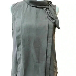 Ann Taylor Gray Bow Tie Neck Blouse Medium Petite Sleeveless Shell Office